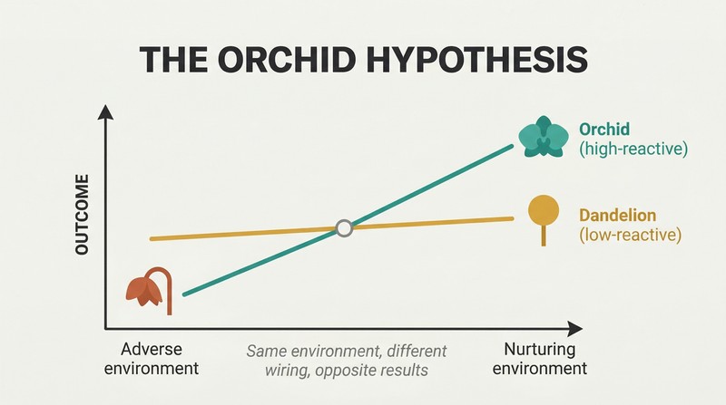 Two-line chart showing orchid children's steep slope crossing the flat dandelion line, performing worse in harsh environments but surpassing dandelions in nurturing ones.