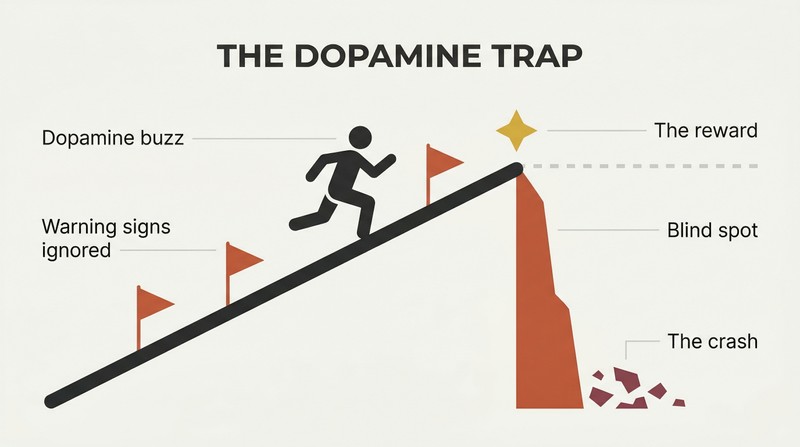 A silhouette figure races up a rising path past ignored warning flags toward a gold reward at the peak, beyond which the path drops off a sharp cliff.