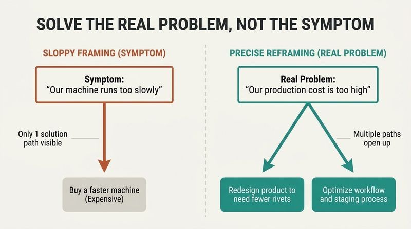 Split-panel comparison showing how focusing on a symptom restricts options to a single path, while reframing the real problem opens multiple creative pathways.