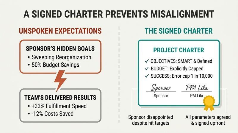 Split-panel diagram comparing the friction of unspoken expectations on the left with the aligned clarity of a signed project charter on the right.