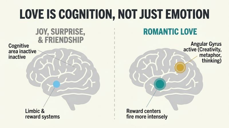 Split-panel brain diagram comparing how basic emotions only activate deep emotional centers, whereas romantic love also recruits the high-level cognitive angular gyrus.
