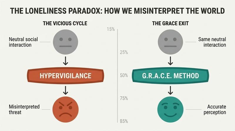 Split panel diagram illustrating how loneliness acts as a distorted mental filter, turning neutral social interactions into perceived threats, and how the GRACE method corrects this bias.