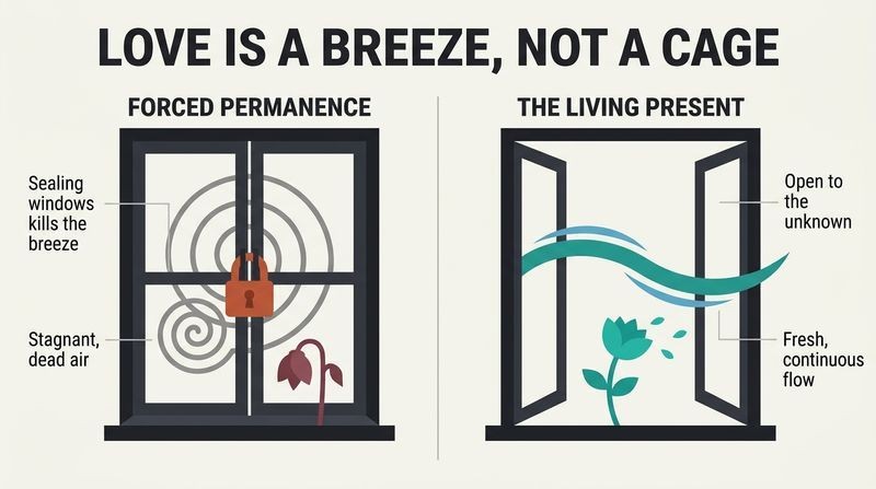 Split-panel diagram contrasting a locked window trapping stale air with an open window letting a fresh, vital breeze flow through.