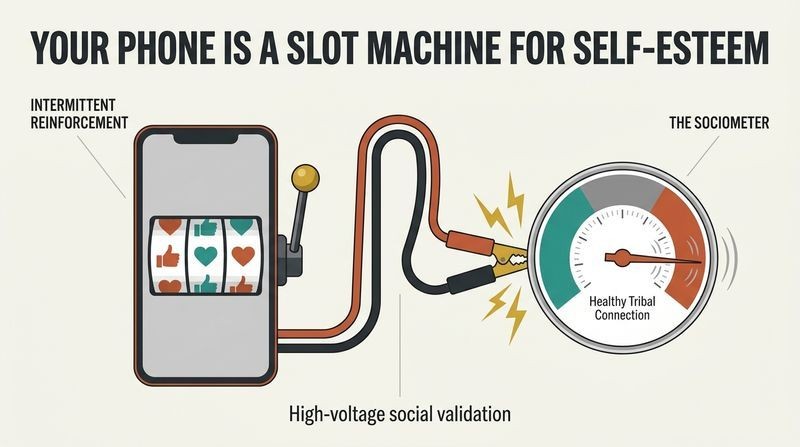 System diagram showing a smartphone designed as a slot machine, connected by heavy, sparking jumper cables to a delicate analog "Sociometer" dial pegged in the red overload zone.
