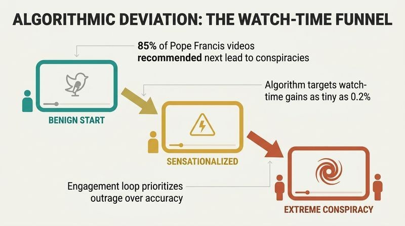 A diagonal descending diagram showing three simulated video screens, illustrating how recommendation algorithms steer users from safe, benign content down into sensationalism and extreme conspiracies to maximize watch time.