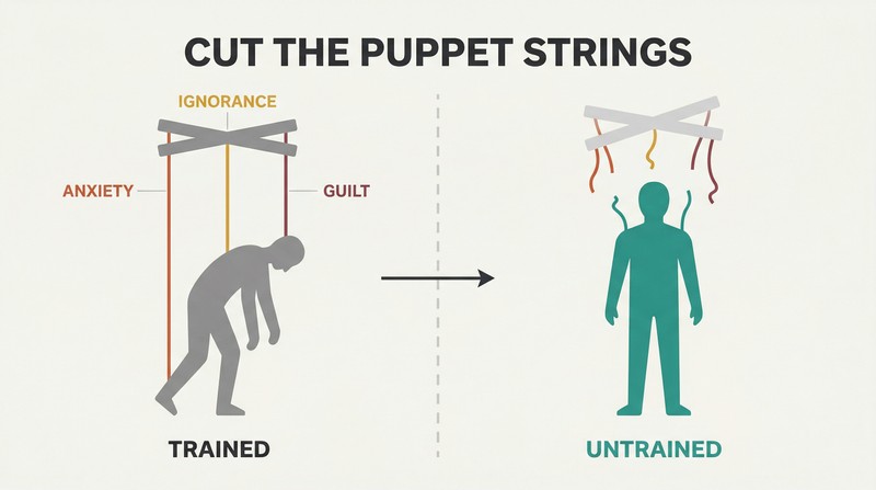 Split panel showing a human figure controlled by three puppet strings labeled anxiety, ignorance, and guilt on the left, then standing free with cut strings on the right.