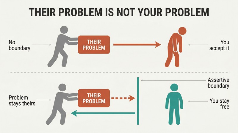 Split panel comparing passive acceptance of someone else's problem versus an assertive boundary that redirects the problem back to its owner.