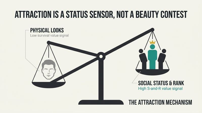A tilted balance scale showing how social status heavily outweighs physical looks in the evolutionary mechanics of attraction.