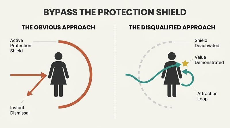 Split diagram comparing how a direct approach triggers a woman's protective shield and gets rejected, while a disqualified approach slips past the shield to build attraction.
