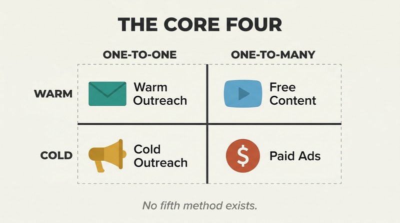 A two-by-two matrix crossing warm versus cold audience with one-to-one versus one-to-many communication, producing four lead generation methods.