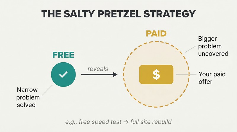 Two-stage chain showing a small free solution on the left revealing a much larger paid opportunity on the right, with dramatic size contrast between the two stages.