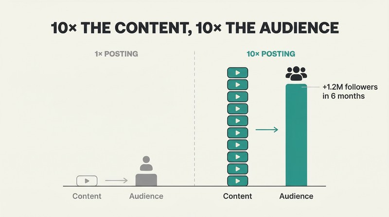 Split comparison showing one small content bar producing a small audience bar on the left, versus ten stacked content bars producing a towering audience bar on the right.