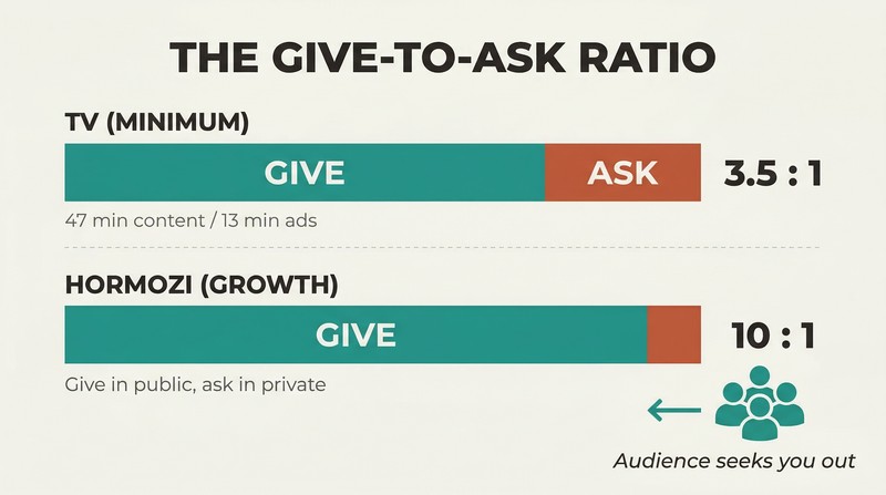 Two horizontal proportion bars comparing TV's 3.5-to-1 and a 10-to-1 give-to-ask ratio, showing how more free value leads audiences to seek you out.