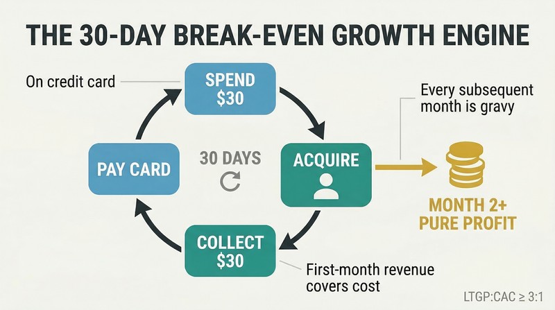 Circular loop showing how spending on acquisition, collecting revenue in 30 days, and reinvesting creates a self-funding engine with ongoing profit flowing outward.