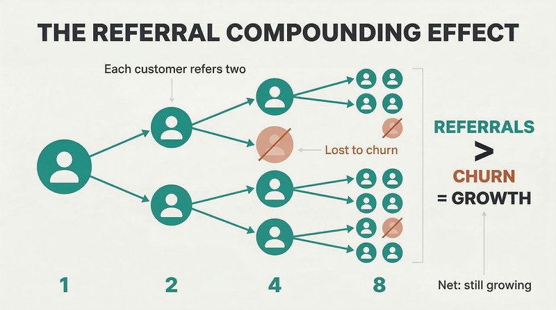 Branching tree showing one customer referring two, then four, then eight, with a few faded nodes representing churn that referrals outpace for net exponential growth.