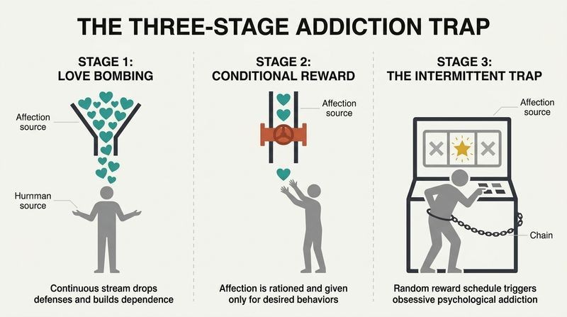 A three-panel progression diagram illustrating how manipulators shift from continuous love bombing, to conditional reward, to intermittent positive reinforcement to lock in addiction.