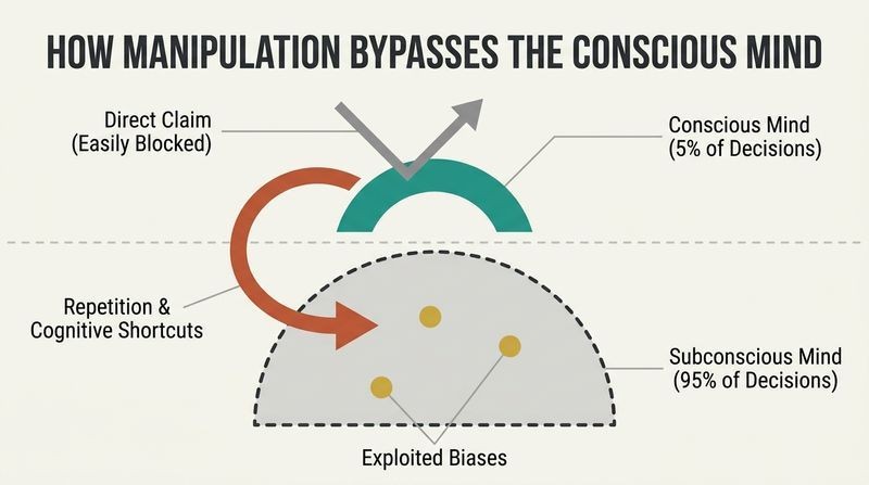 Cross-section diagram of the human mind, showing a top conscious layer blocking a direct claim, while a curved terracotta arrow labeled as a shortcut slips past to hijack the subconscious below.