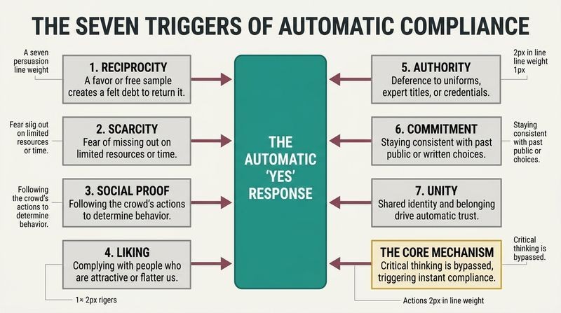 Dual-column diagram showing Cialdini's seven persuasion triggers converging on a central pillar of automatic compliance.
