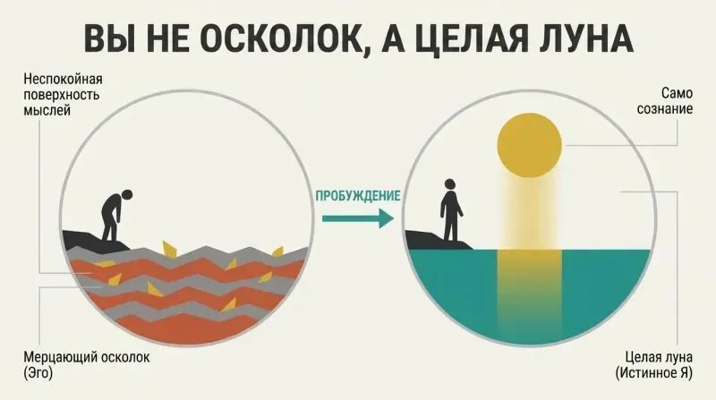 Split-panel diagram showing the shift from identifying with scattered shards of light on choppy water to realizing one is the entire moon in the sky.
