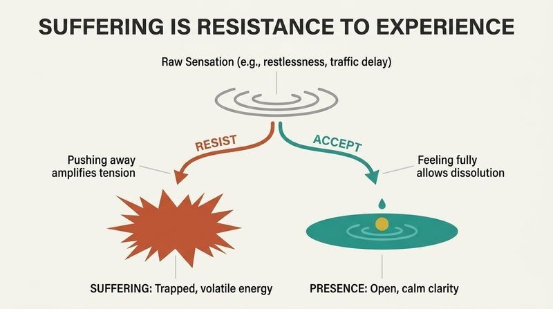 A branching diagram illustrating how resisting experiences causes suffering, while accepting them transforms restlessness into peaceful presence.