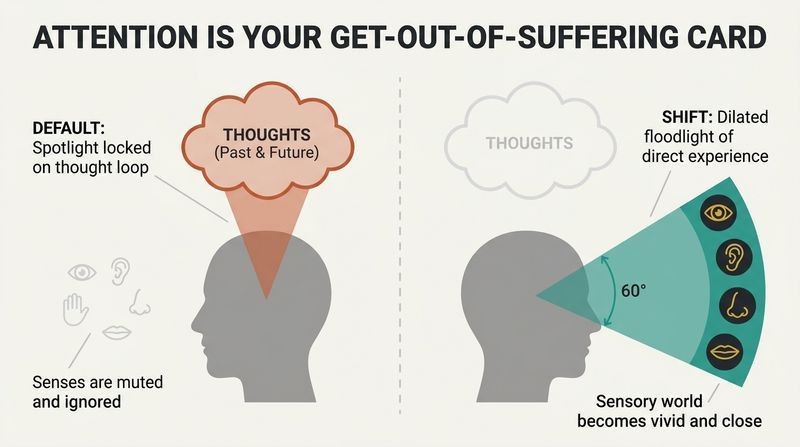 Split diagram showing how default attention narrows into loop-like thoughts of past and future, while shifting attention dilates it into a broad floodlight illuminating immediate sensory experiences.