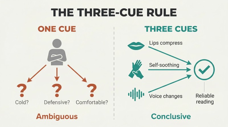 Split panel comparing one body language cue diverging into multiple ambiguous meanings versus three separate cues converging into one reliable conclusion.