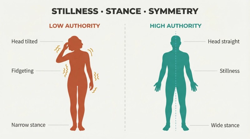 Split-panel comparison of two standing figures showing how stillness, wide stance, and body symmetry distinguish high-authority from low-authority body language.