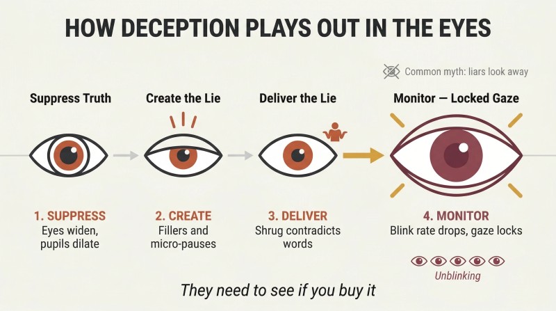 Four-stage horizontal timeline showing the observable steps of lying, from suppressed truth through locked gaze monitoring, illustrated with eye icons showing blink rate changes.