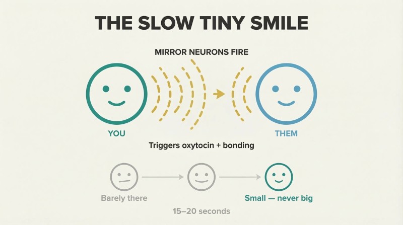 Two simplified faces connected by curved signal lines representing mirror neurons, with a three-stage smile progression below showing the smile growing from barely perceptible to small.