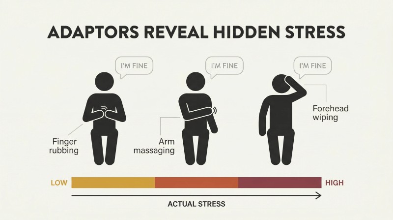 Three silhouette figures showing escalating self-soothing gestures from finger rubbing to arm massaging to forehead wiping, with a rising stress bar beneath and identical calm speech bubbles above each.