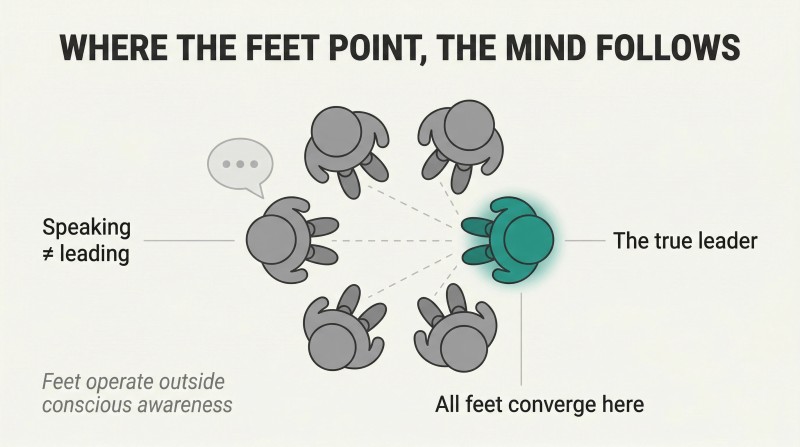 Bird's-eye view of five figures in a group with all feet angled toward one highlighted person, revealing the hidden leader through foot direction.