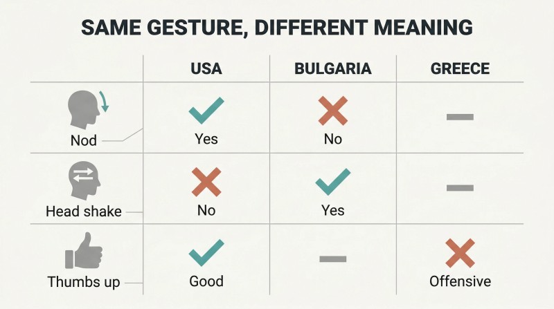 Grid showing how nods, head shakes, and thumbs-up carry opposite meanings across American, Bulgarian, and Greek cultures.