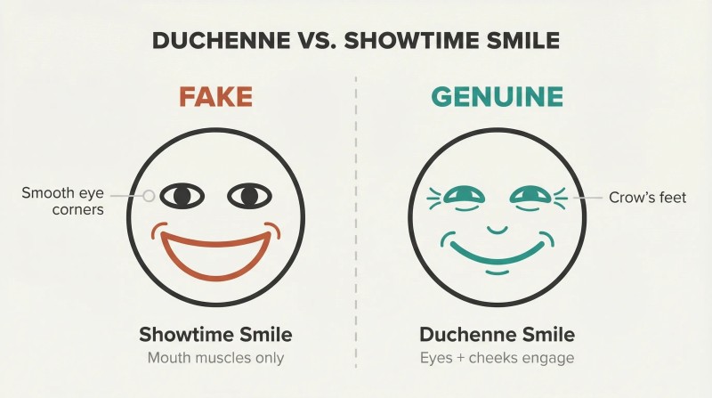Split-panel comparison of two minimalist faces showing a fake smile with smooth eye corners versus a genuine smile with crow's feet wrinkles at the eyes.