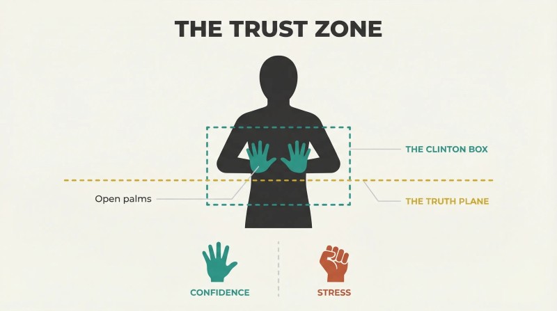 Front-facing human silhouette with a highlighted rectangular trust zone between chest and navel, a gold truth plane line at navel height, and a comparison of open palm versus clenched fist below.