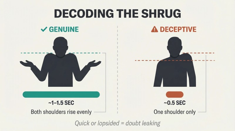 Split-panel comparison of a genuine two-shoulder shrug with a long duration bar versus a deceptive one-shoulder shrug with a short duration bar.