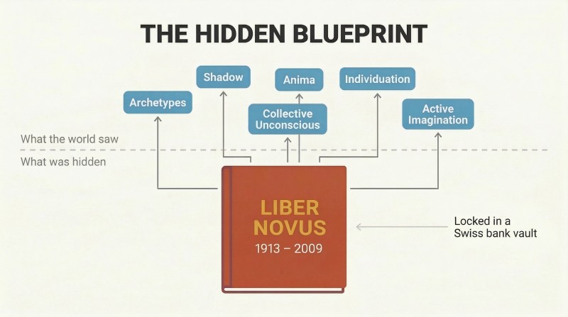 Iceberg diagram showing Jung's known concepts as a small visible tip above the massive hidden form of Liber Novus below a waterline.