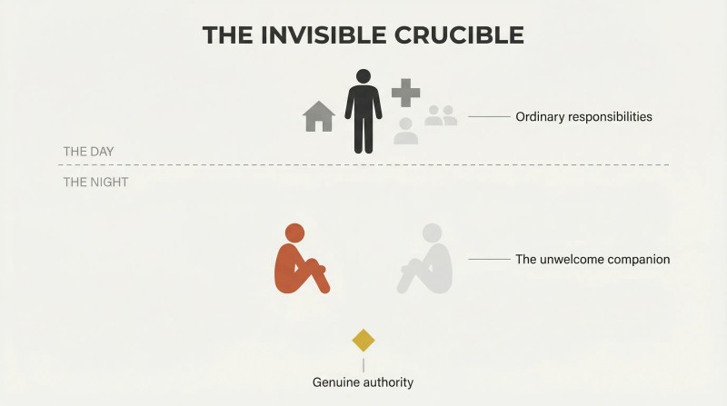 Iceberg-style diagram with a small busy zone of daily life above a dividing line and a vast empty zone below where a solitary figure confronts a mirror image of itself.