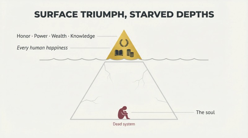 Golden iceberg tip of worldly achievements above a waterline with vast empty depths below containing a tiny hunched figure representing the neglected soul.