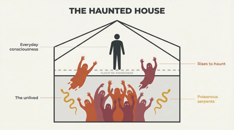 Cross-section of a house with a calm solid figure above the floor and ghostly silhouettes of unlived life rising through from below.