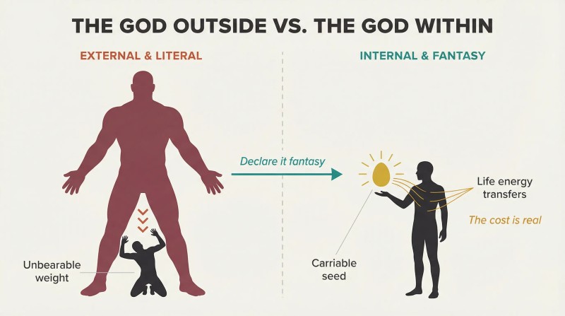 Split panel contrasting a towering figure crushing a person beneath its weight on the left with the same person standing upright holding a small glowing egg on the right, showing internalization as transformation.