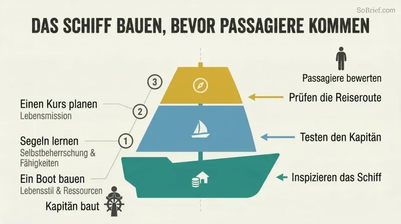 Three-layer ship diagram mapping a captain's build tasks on the left to corresponding passenger evaluations on the right.