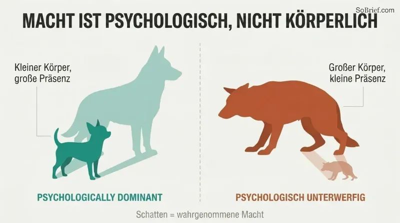 A small confident Chihuahua casts a large shadow while a large cowering German Shepherd casts a small shadow, showing power comes from psychology not size.