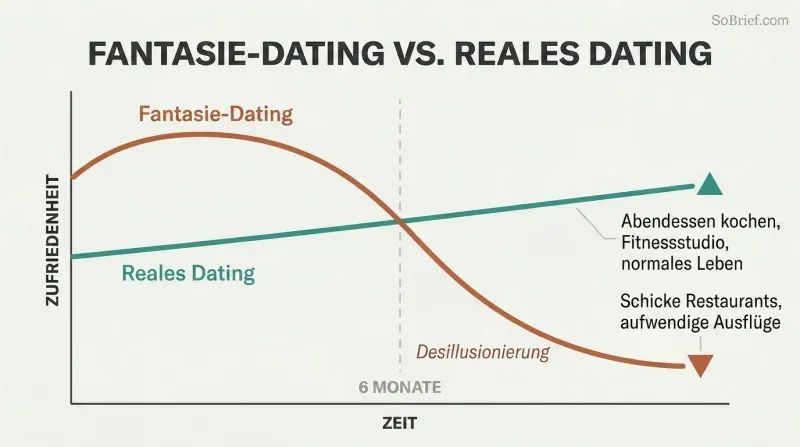 Two-line trajectory chart showing fantasy dating peaking early then crashing at six months while real-life dating starts modestly but sustains over time.