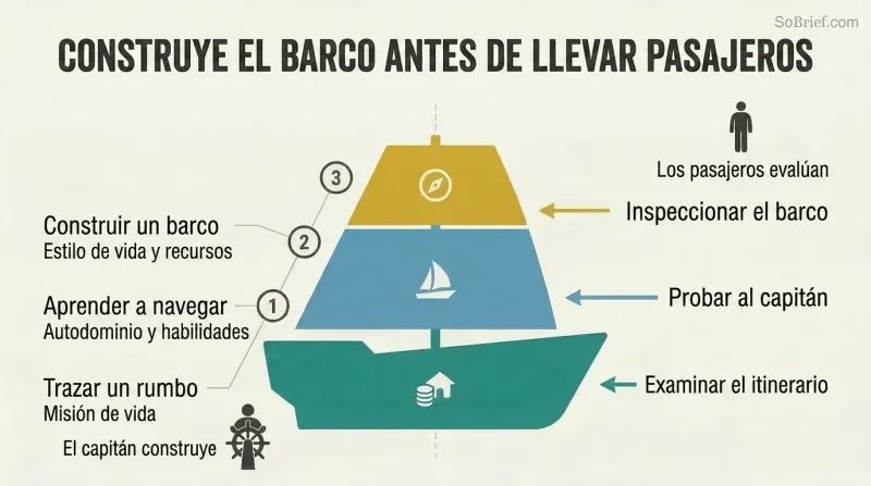 Three-layer ship diagram mapping a captain's build tasks on the left to corresponding passenger evaluations on the right.