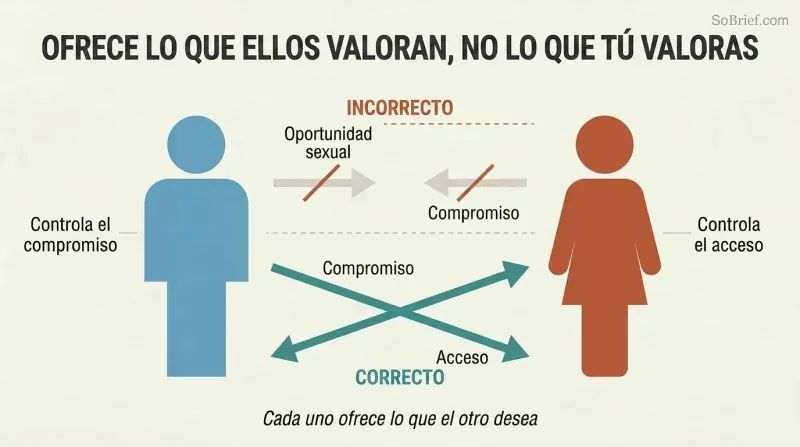 Two silhouette figures with crossed arrows showing that men should offer commitment and women should offer access, each providing what the other actually wants.