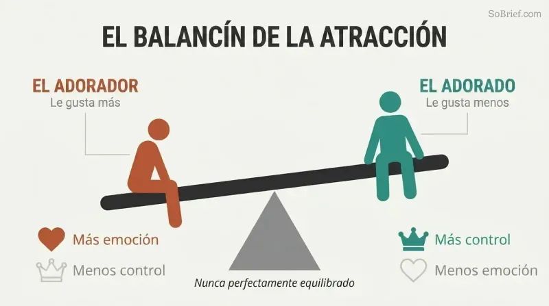 A tilted seesaw showing the adorer sitting lower with high emotion but low control, and the adored sitting higher with high control but muted emotion.