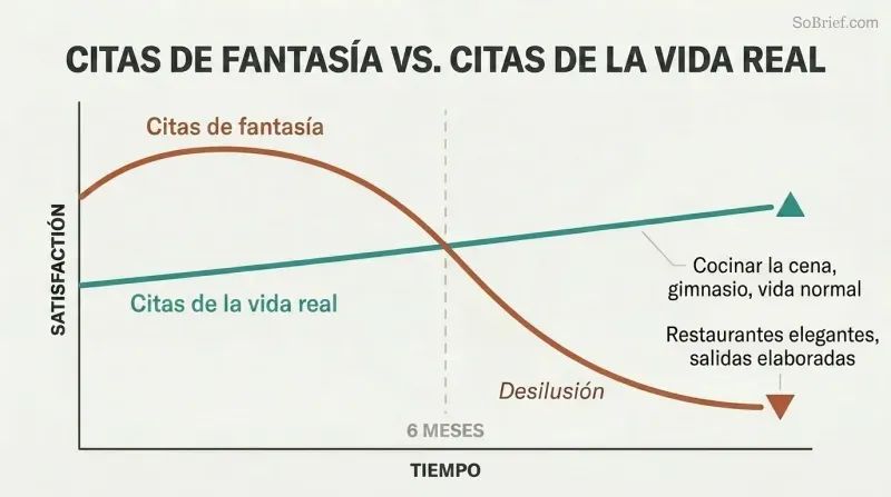Two-line trajectory chart showing fantasy dating peaking early then crashing at six months while real-life dating starts modestly but sustains over time.
