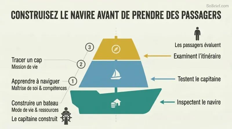 Three-layer ship diagram mapping a captain's build tasks on the left to corresponding passenger evaluations on the right.