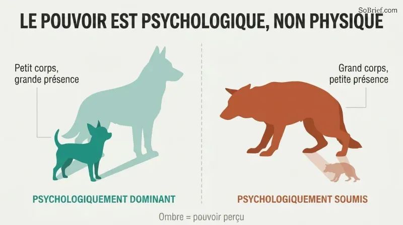 A small confident Chihuahua casts a large shadow while a large cowering German Shepherd casts a small shadow, showing power comes from psychology not size.