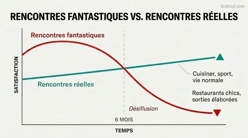Two-line trajectory chart showing fantasy dating peaking early then crashing at six months while real-life dating starts modestly but sustains over time.